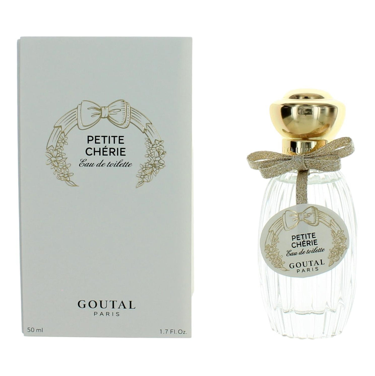 Petite Cherie EDT spray for women: glass bottle with gold cap and bow, shown with box