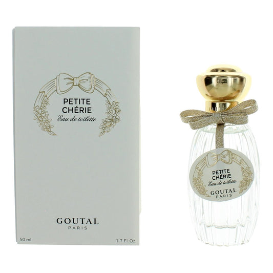 Petite Cherie EDT spray for women: glass bottle with gold cap and bow, shown with box