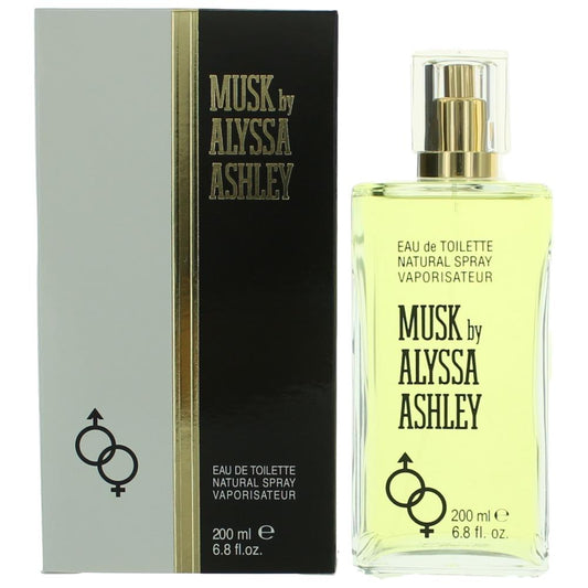 Women’s Musk by Alyssa Ashley EDT spray bottle with gold cap, labeled Musk