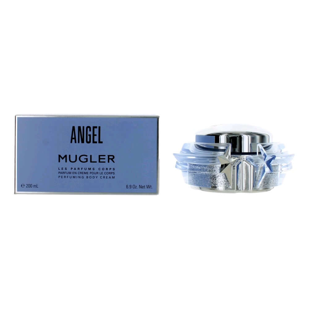 Angel Mugler perfuming body cream jar with blue box packaging