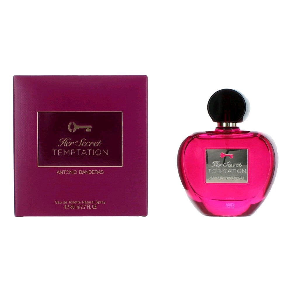 Women's EDT spray perfume bottle with matching box, pink glass bottle and dark cap