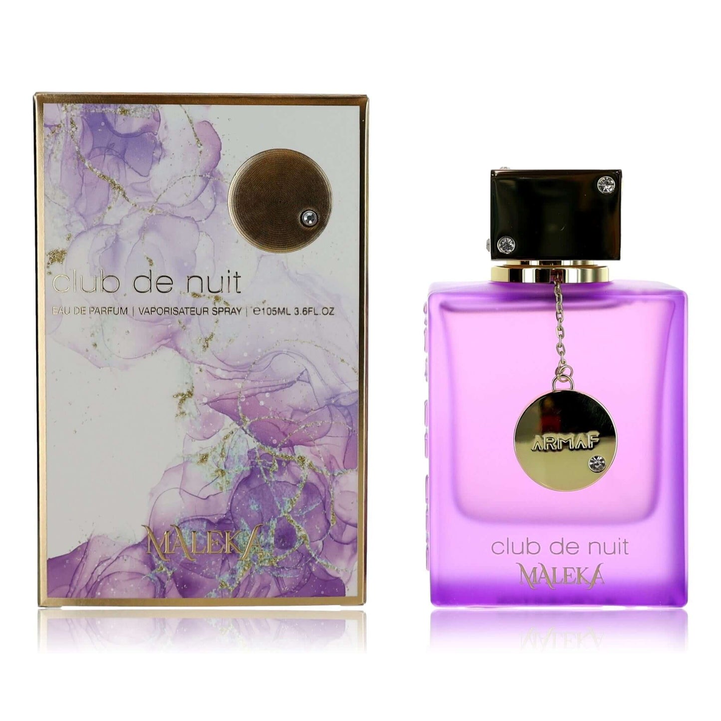 Women's EDP perfume spray bottle in purple glass with Armaf Maleka label and box