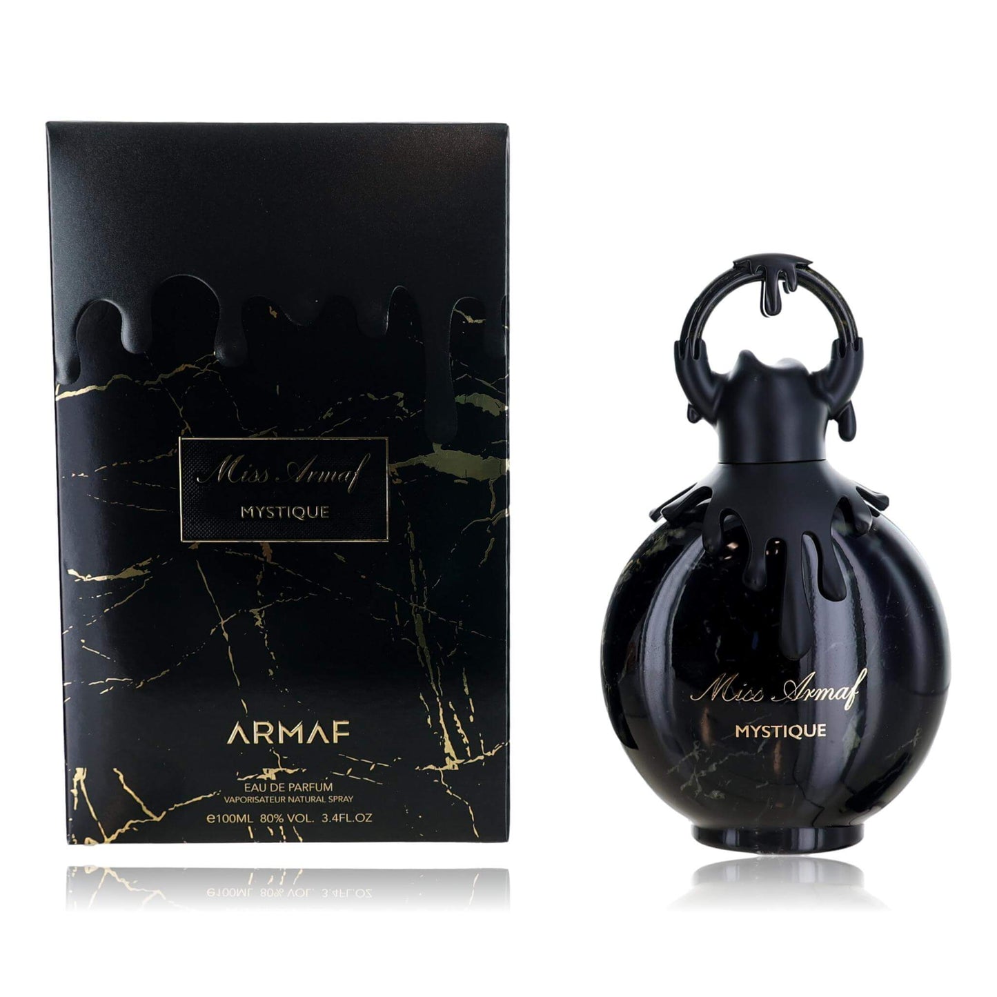 Women's Miss Armaf Mystique EDP spray bottle and box, black with gold accents