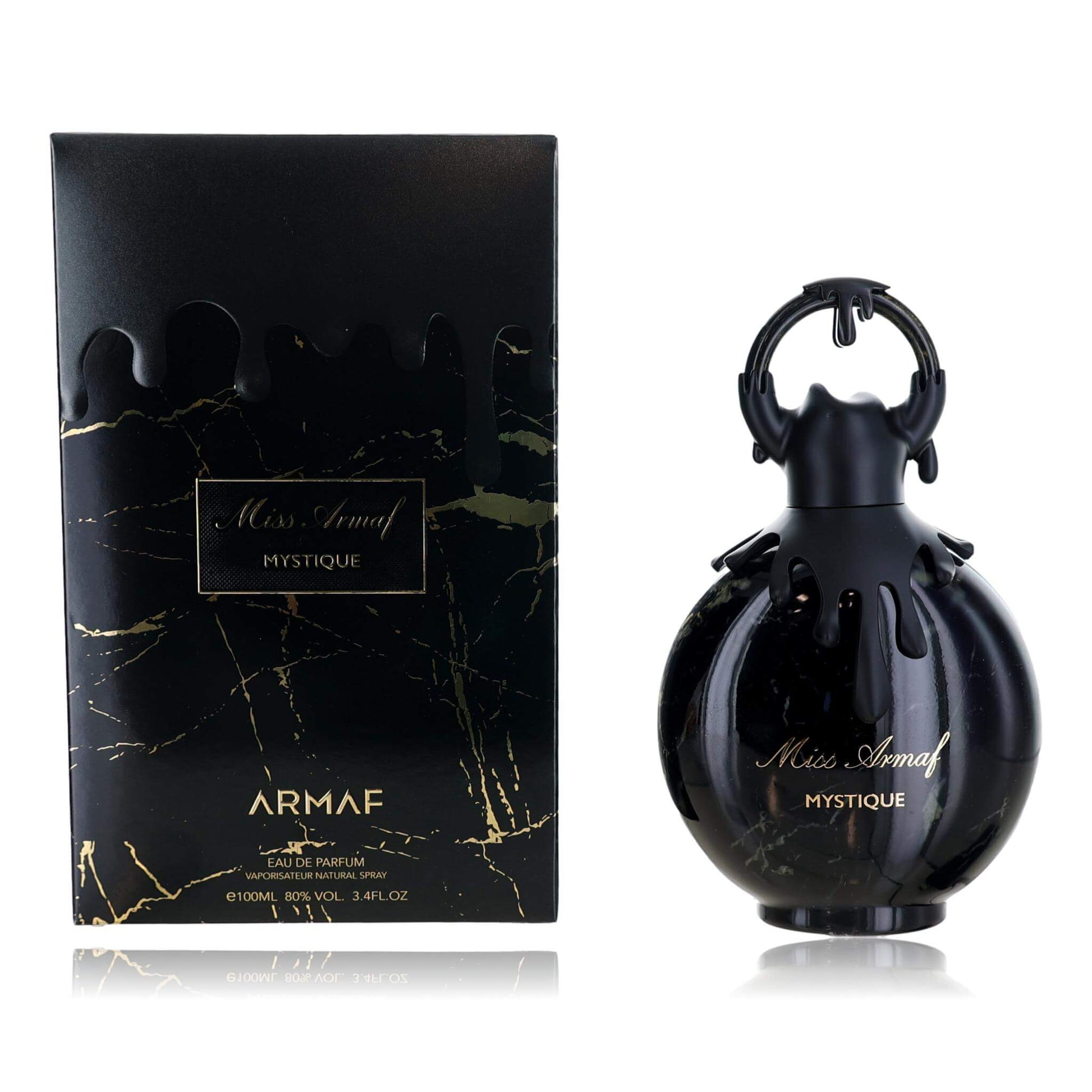 Women's Miss Armaf Mystique EDP spray bottle and box, black with gold accents