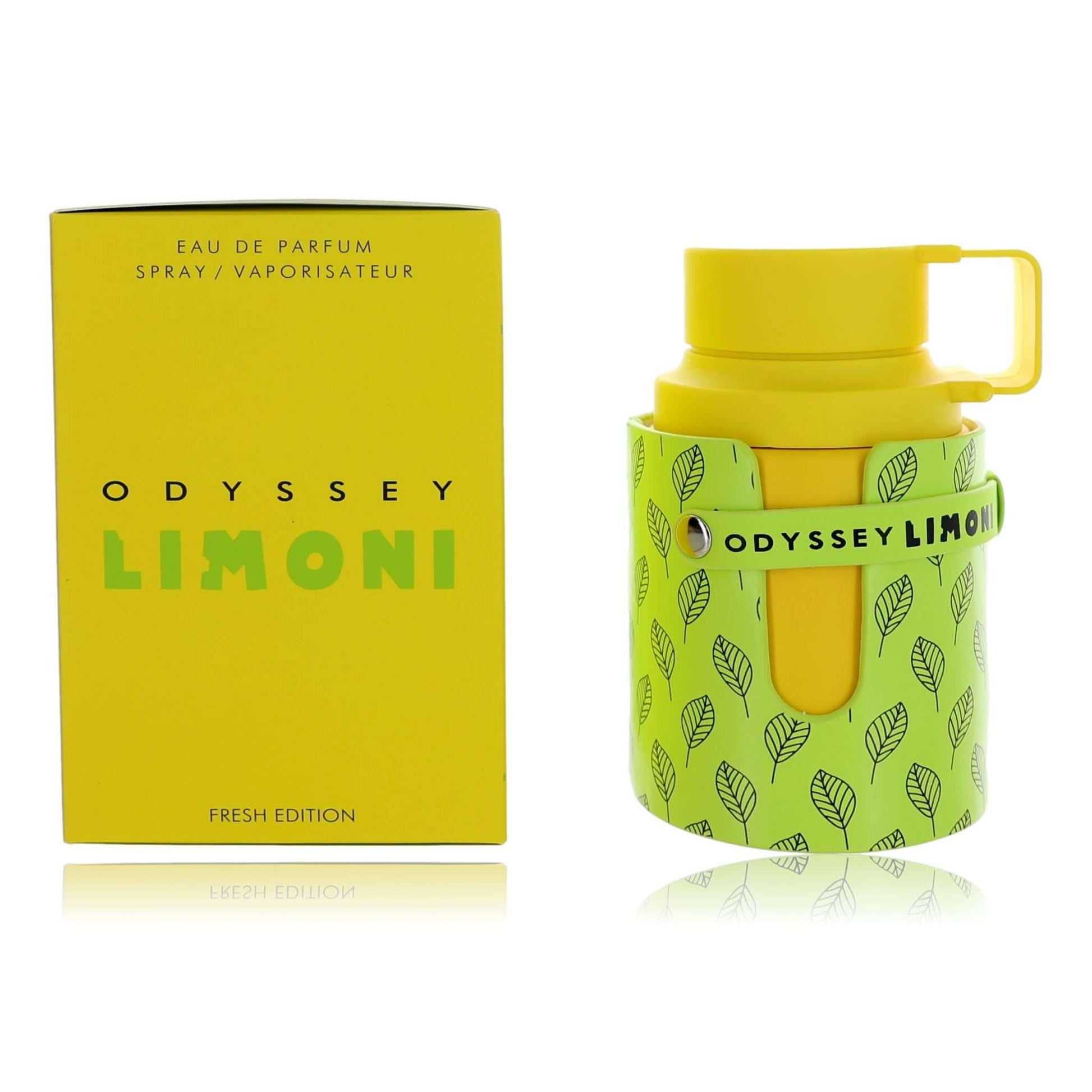 Yellow eau de parfum spray bottle with lemon-themed label and matching box