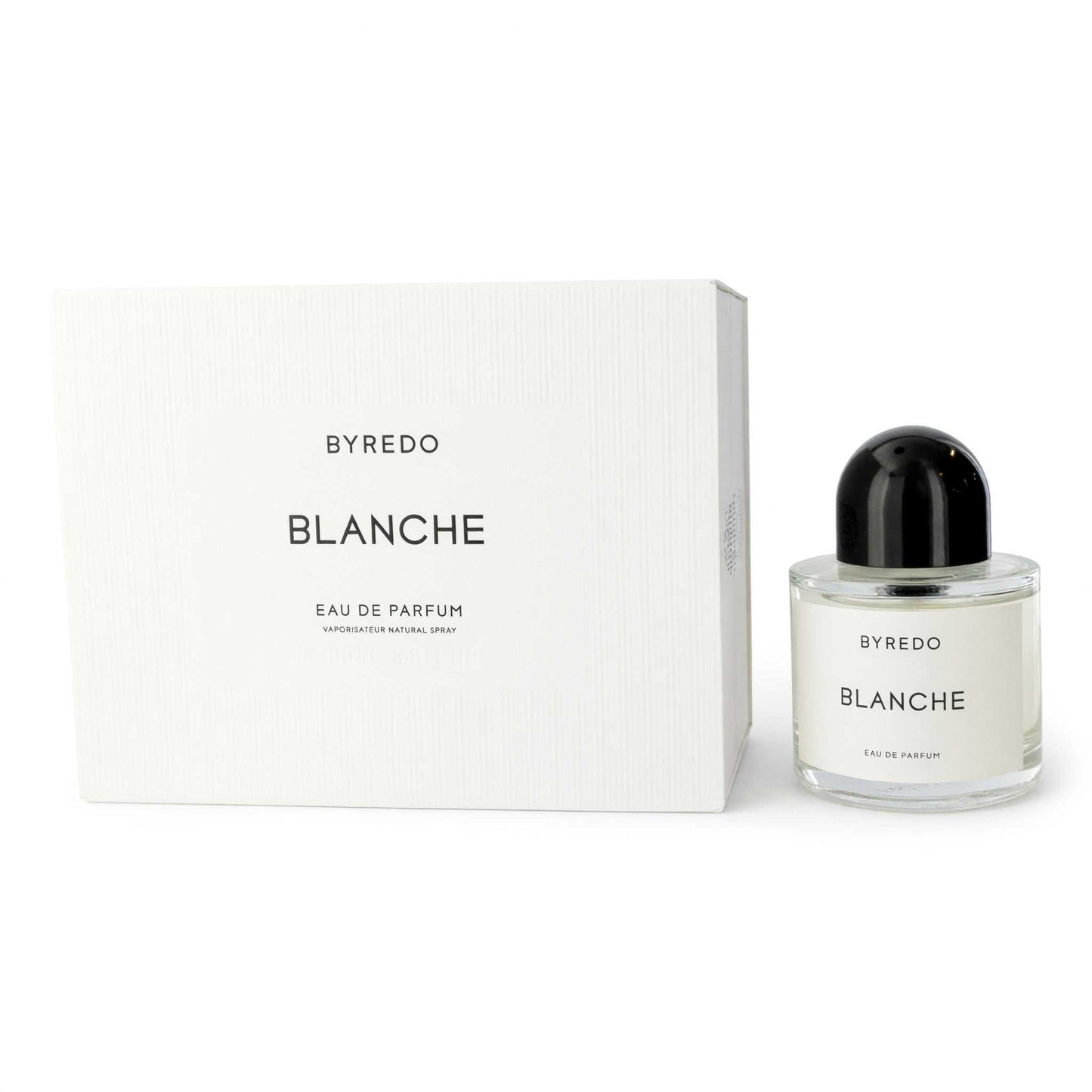 Byredo Blanche eau de parfum spray bottle with black cap, 3.4 oz