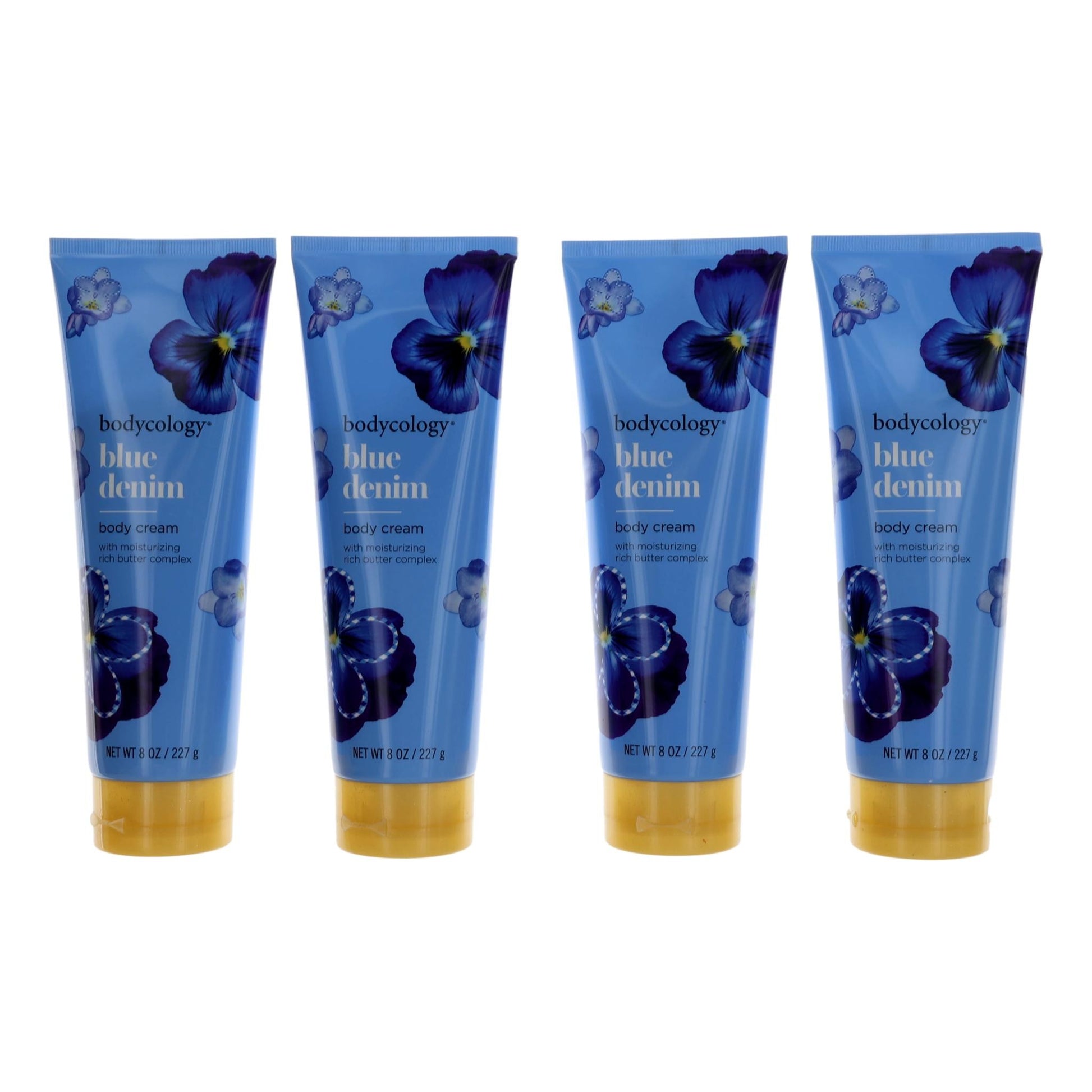 bodycology blue denim body cream 4-pack, four blue squeeze tubes