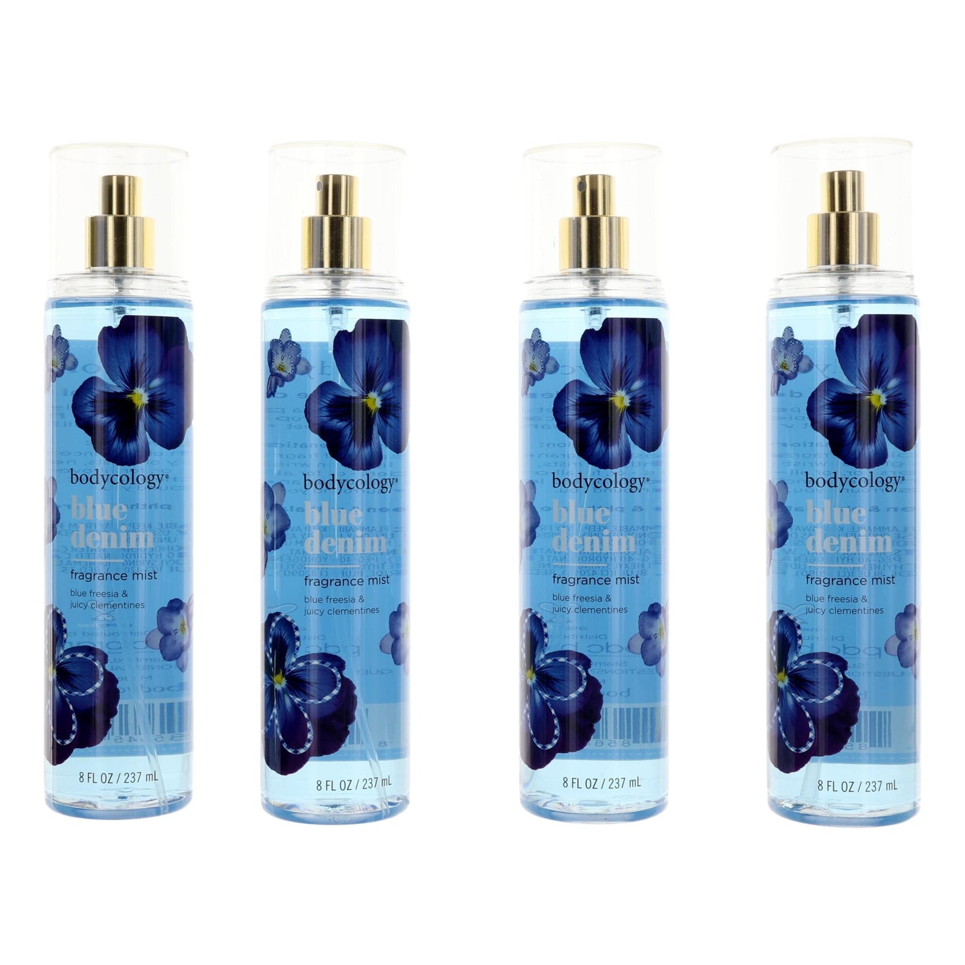 4-pack Blue Denim fragrance mist bottles, blue liquid with floral label, gold caps