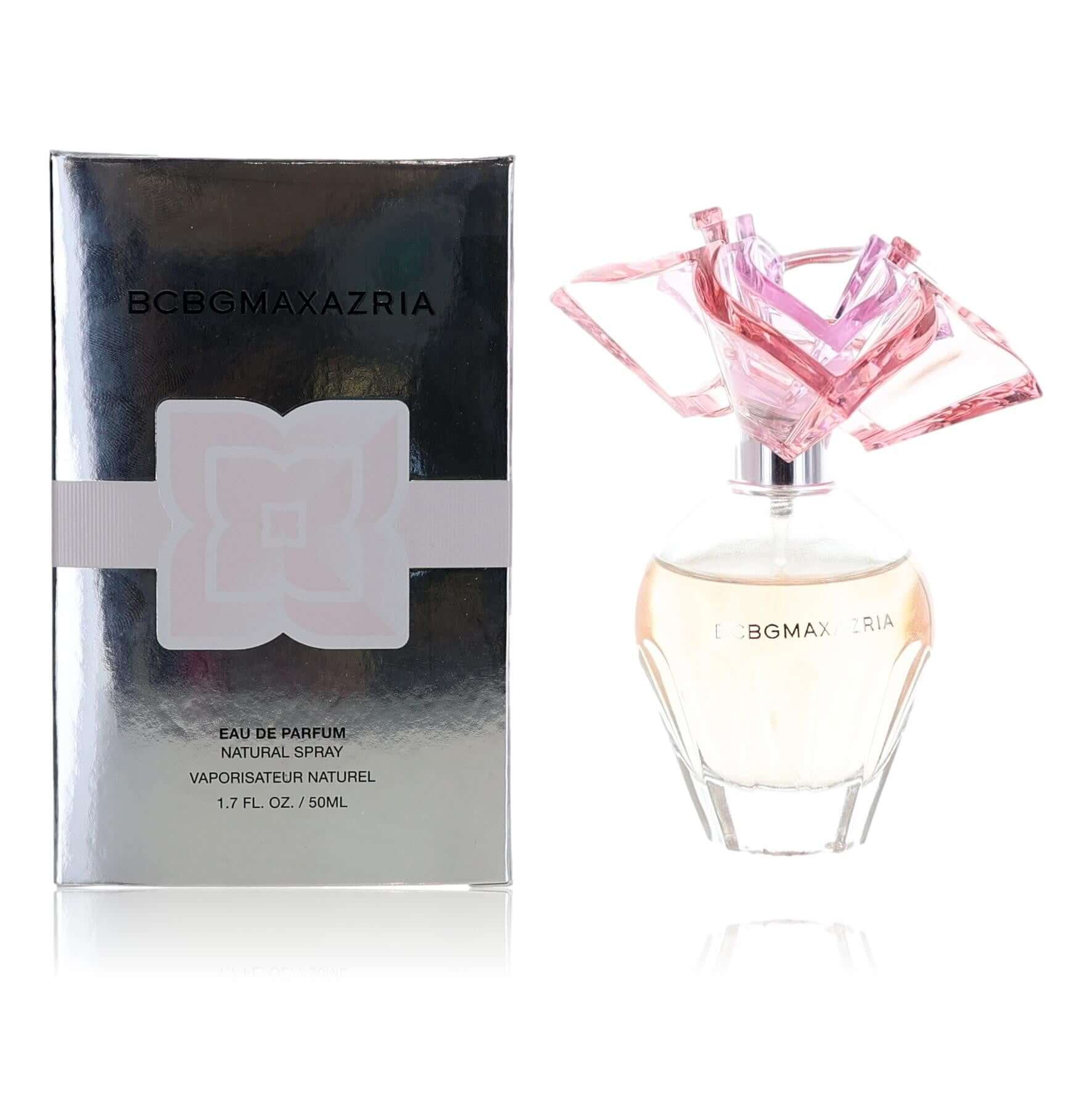 BCBGMAXAZRIA by Max azaria, 1.7 oz EDP Spray for Women, elegant bottle with pink floral cap and stylish packaging.
