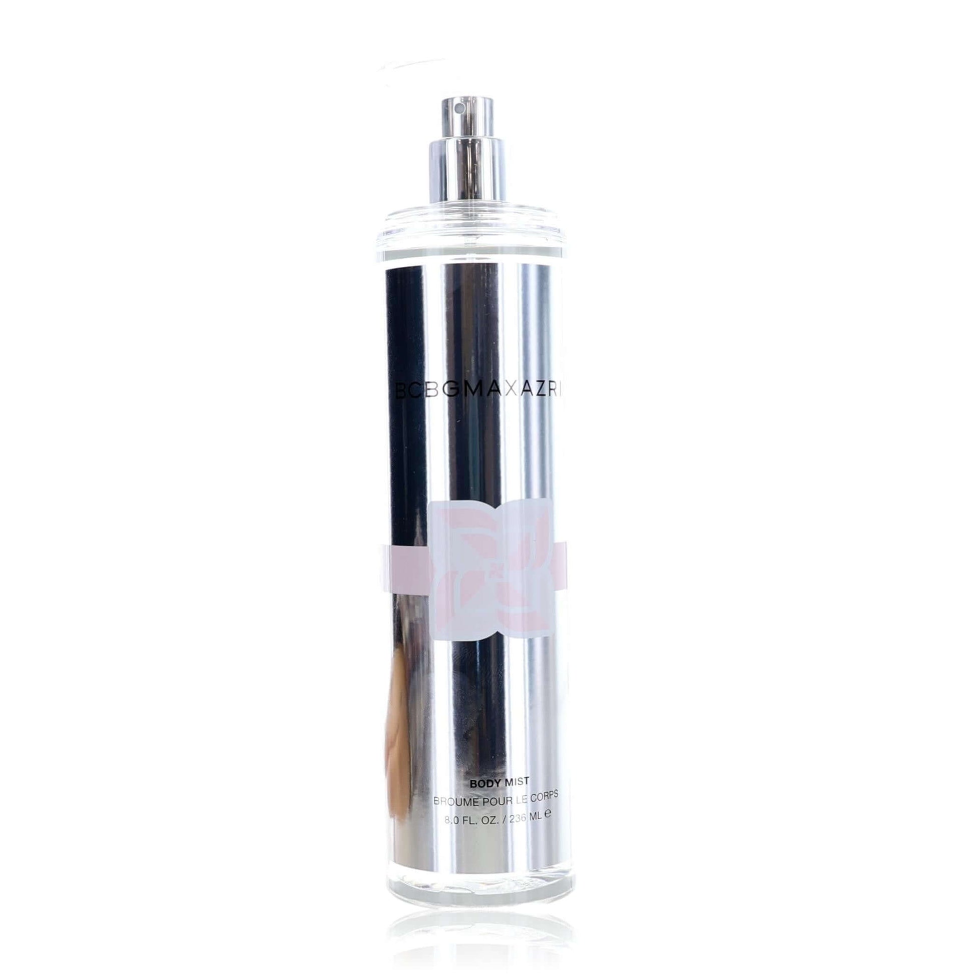 Women’s body mist bottle with clear body, silver spray cap, and pink label band