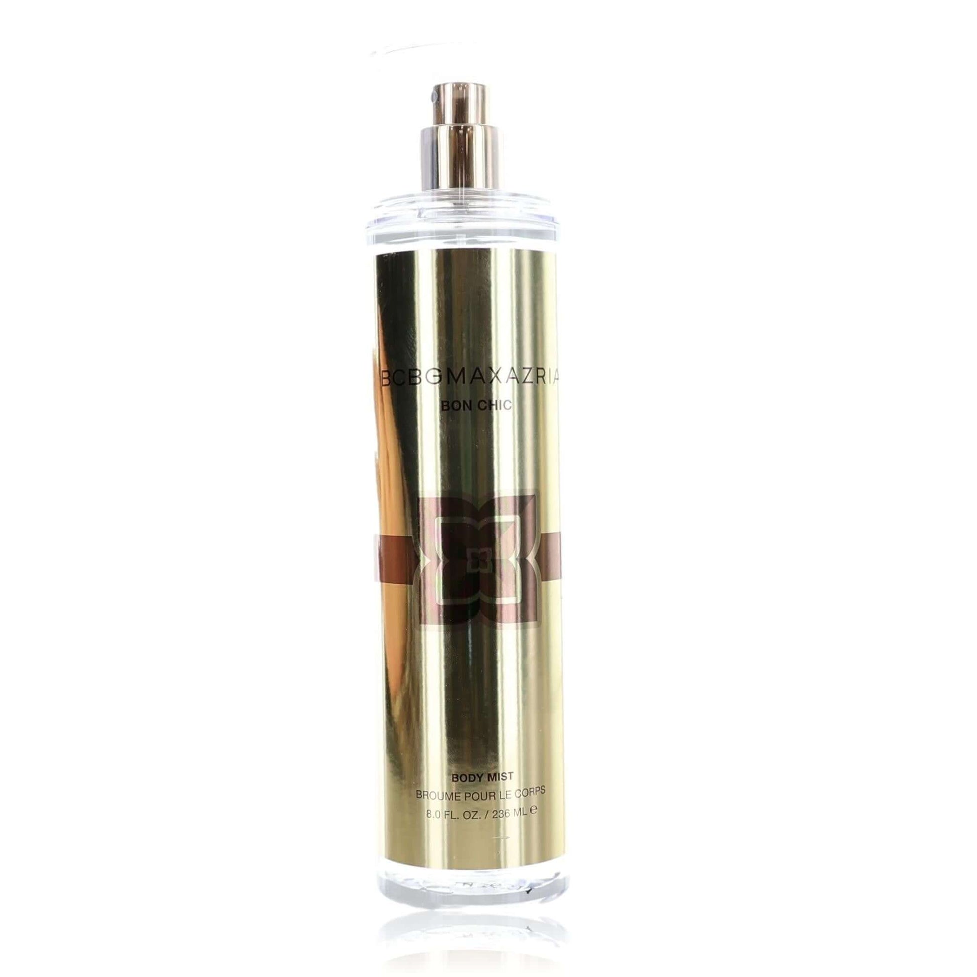 Women's body mist bottle with clear glass and gold spray cap