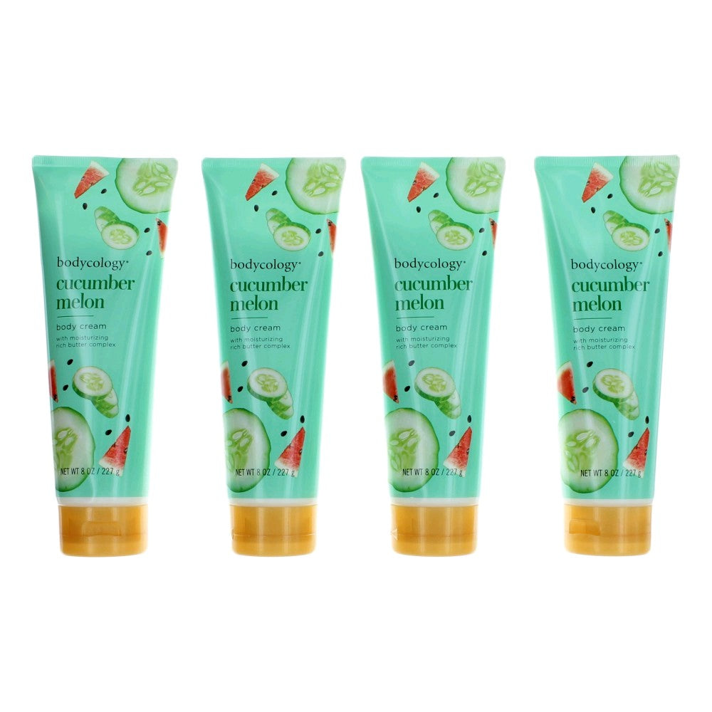 4-pack cucumber melon body cream tubes, mint green squeeze bottles