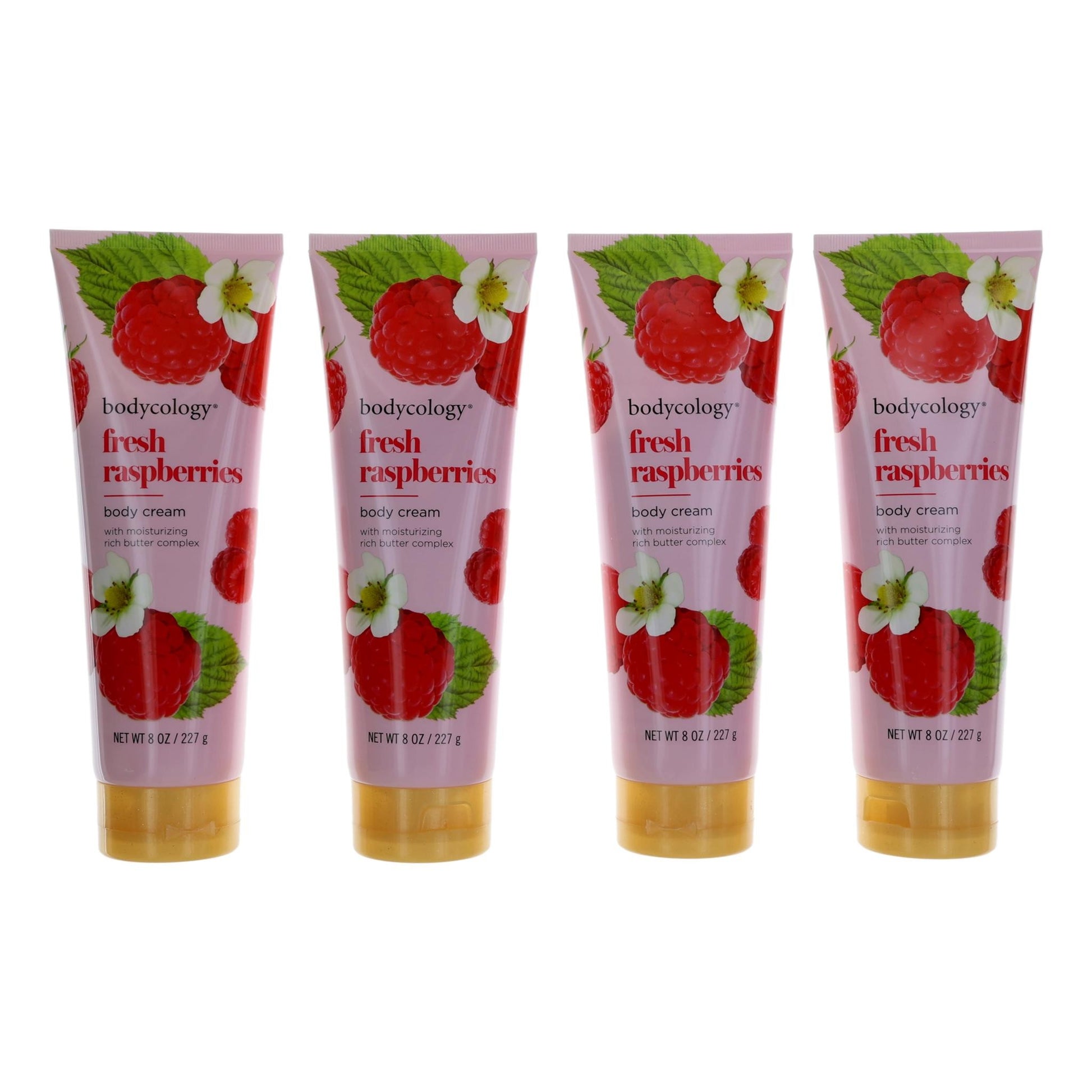 4-pack raspberry body cream tubes with pink labels and gold caps, women’s moisturizer