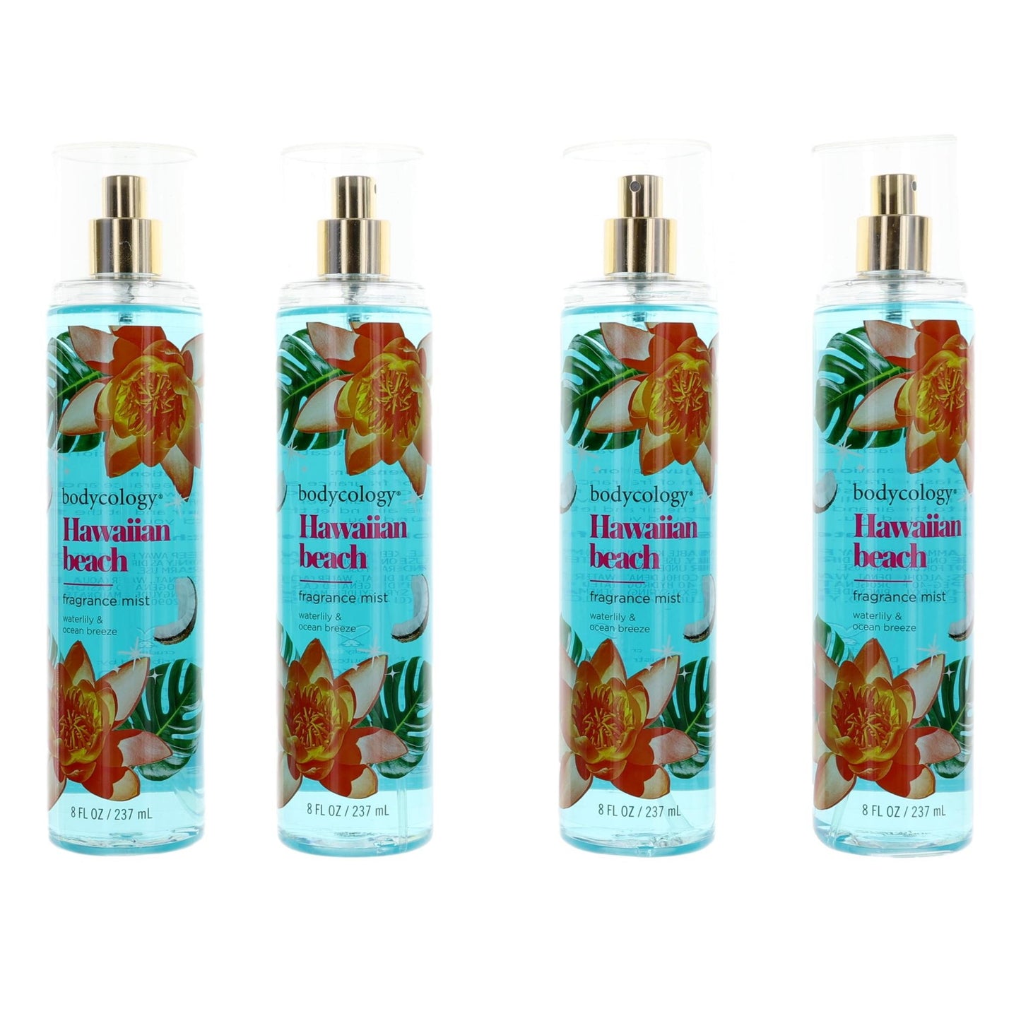 Bodycology Hawaiian Beach 4-pack fragrance mist bottles, teal glass with tropical label