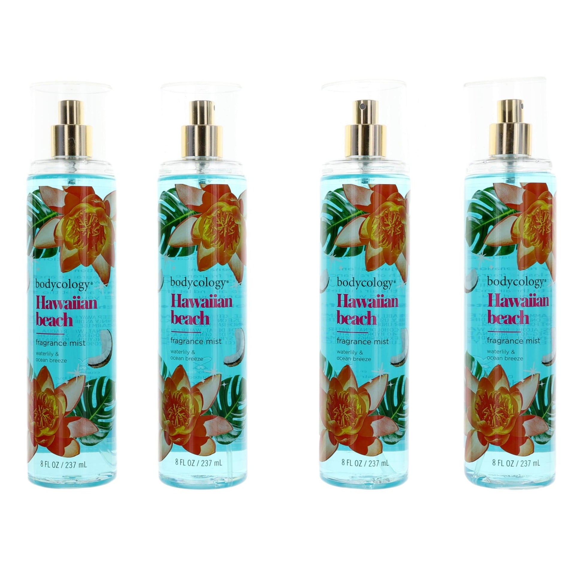 Bodycology Hawaiian Beach 4-pack fragrance mist bottles, teal glass with tropical label