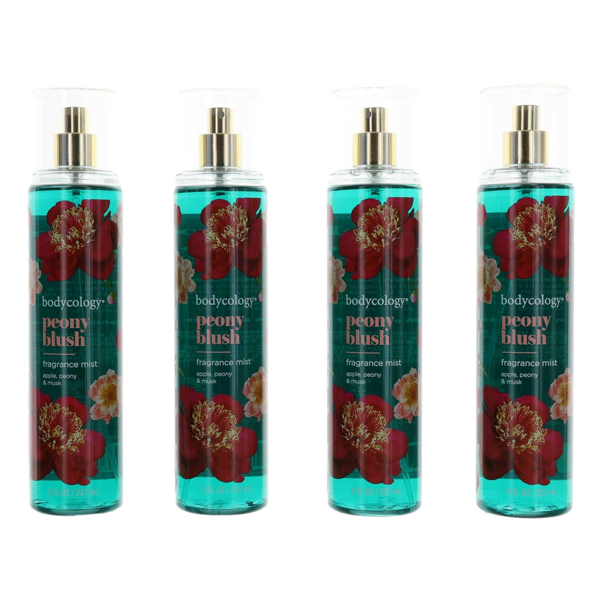 4-pack peony blush fragrance mist bottles, teal glass with gold pump caps