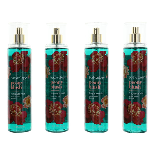 4-pack peony blush fragrance mist bottles, teal glass with gold pump caps