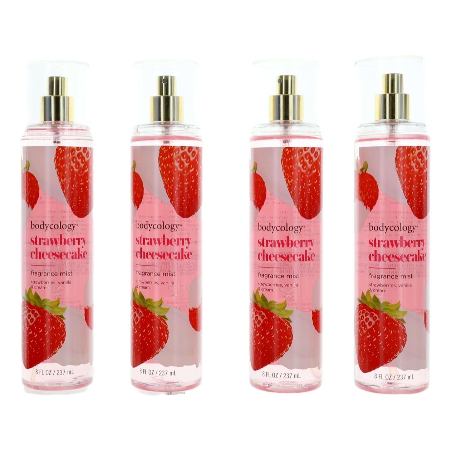 Bodycology strawberry cheesecake fragrance mist set of 4, strawberry printed bottles