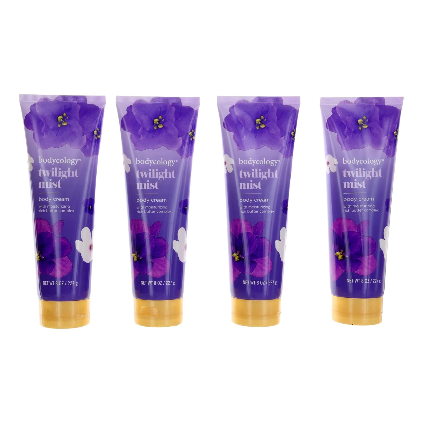 4-pack Twilight Mist moisturizing body cream tubes, purple with gold caps
