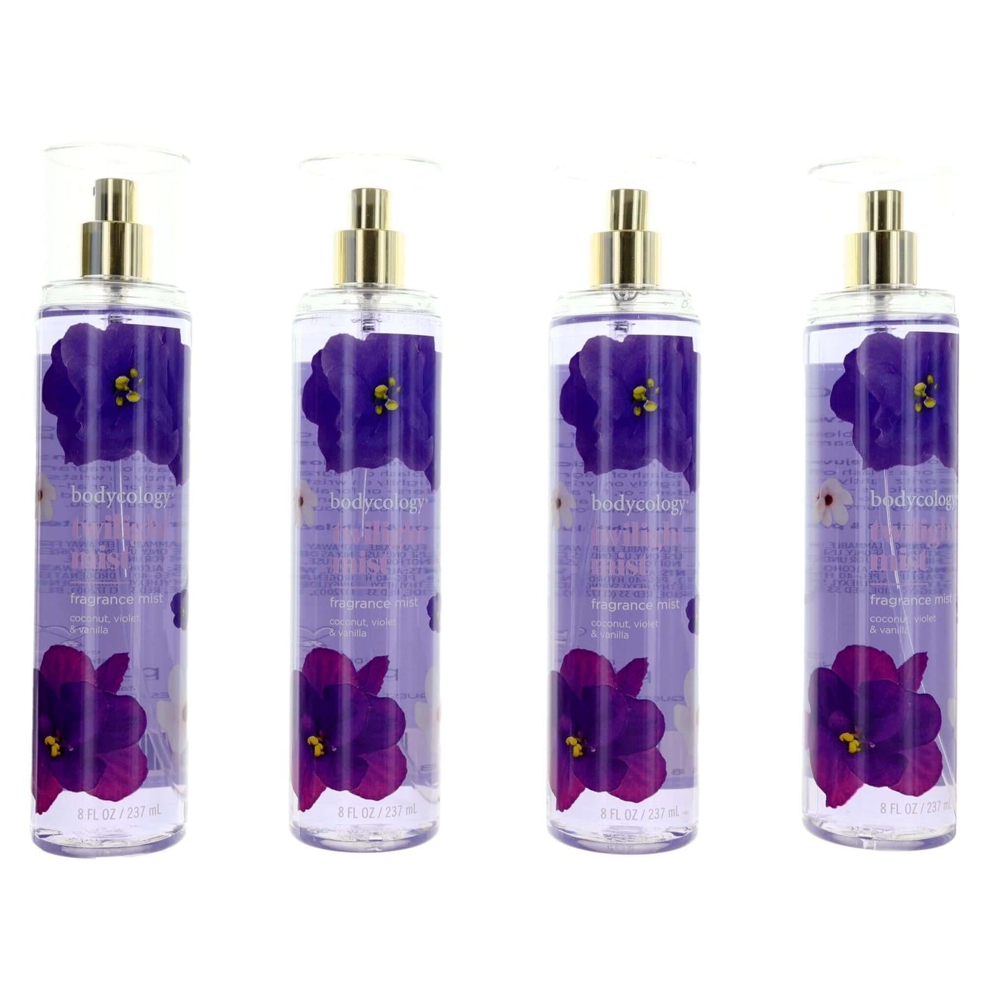 Fragrance mist 4-pack, clear bottles with gold pumps and purple floral label