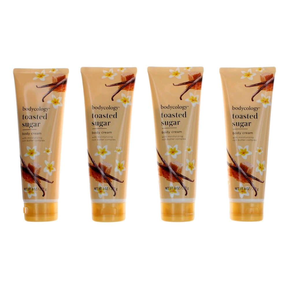 Moisturizing body cream 4-pack, Toasted Sugar, light tan tubes with floral print