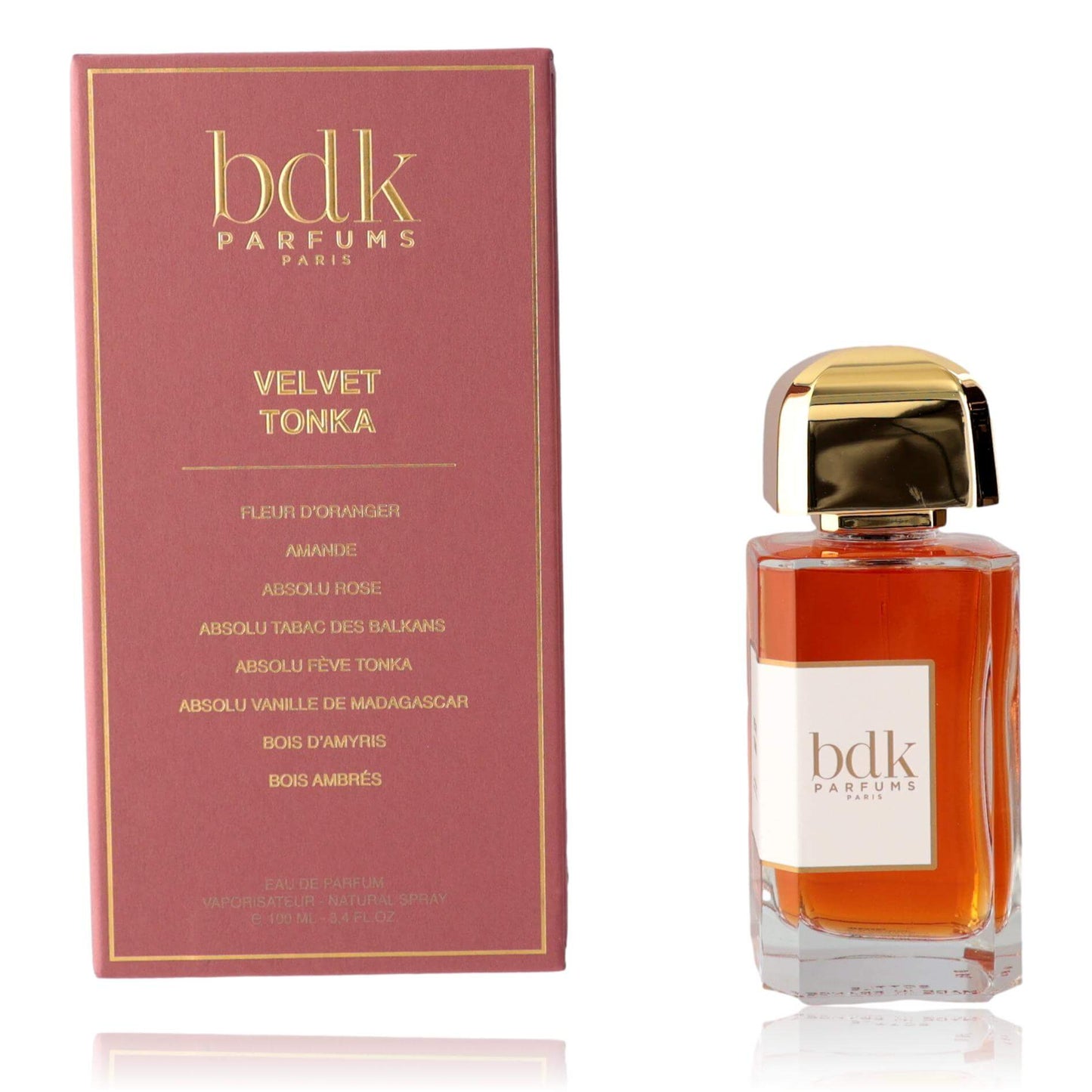 Velvet Tonka EDP perfume set: maroon box and clear glass bottle with gold cap