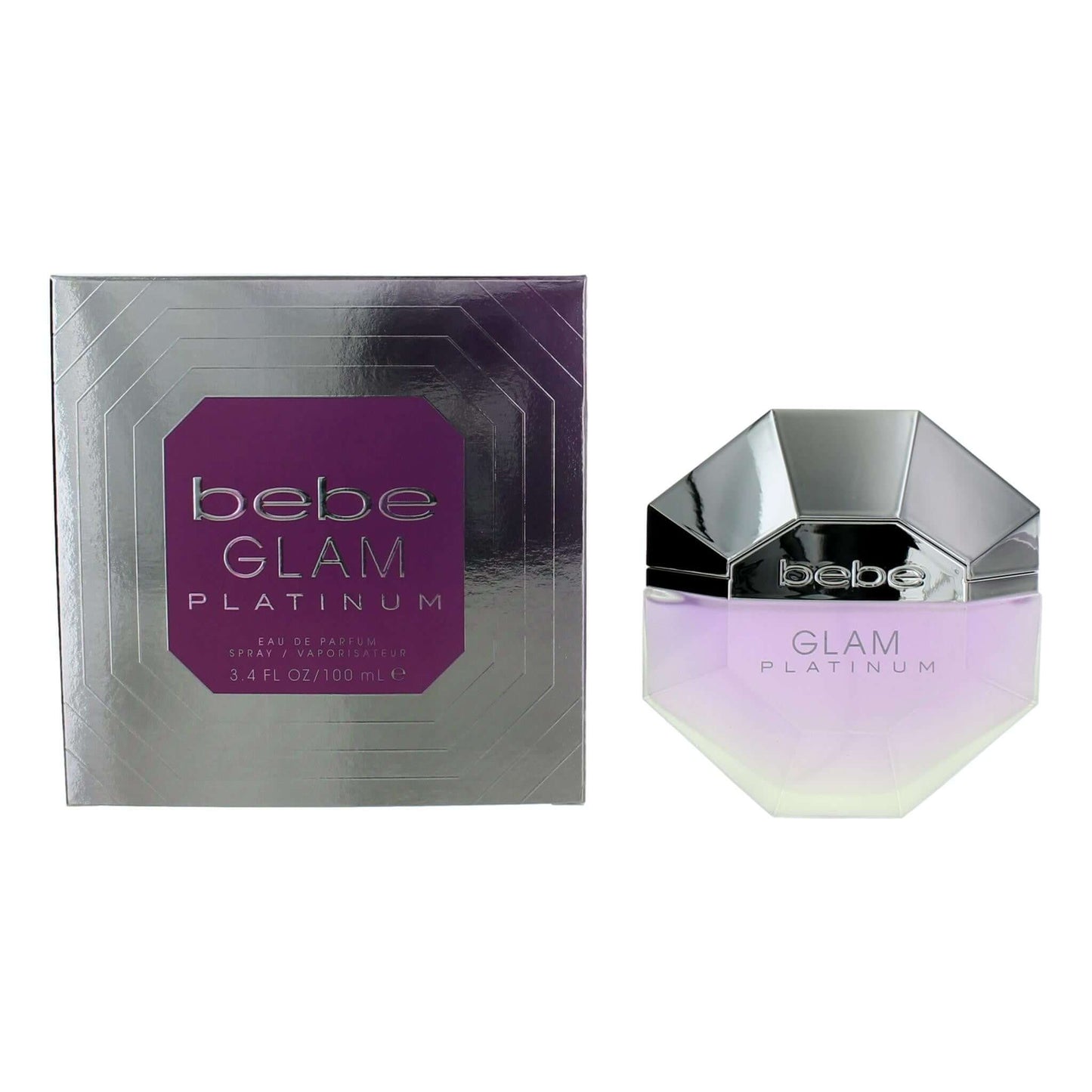 bebe Glam Platinum by bebe, 3.4 oz EDP Spray for Women, floral scent perfume in a stylish bottle with packaging.
