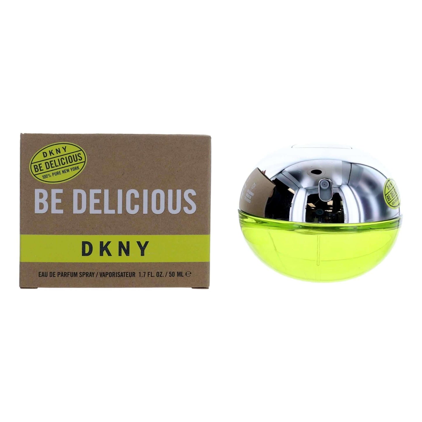 Be Delicious DKNY eau de parfum spray box and bottle, green glass.
