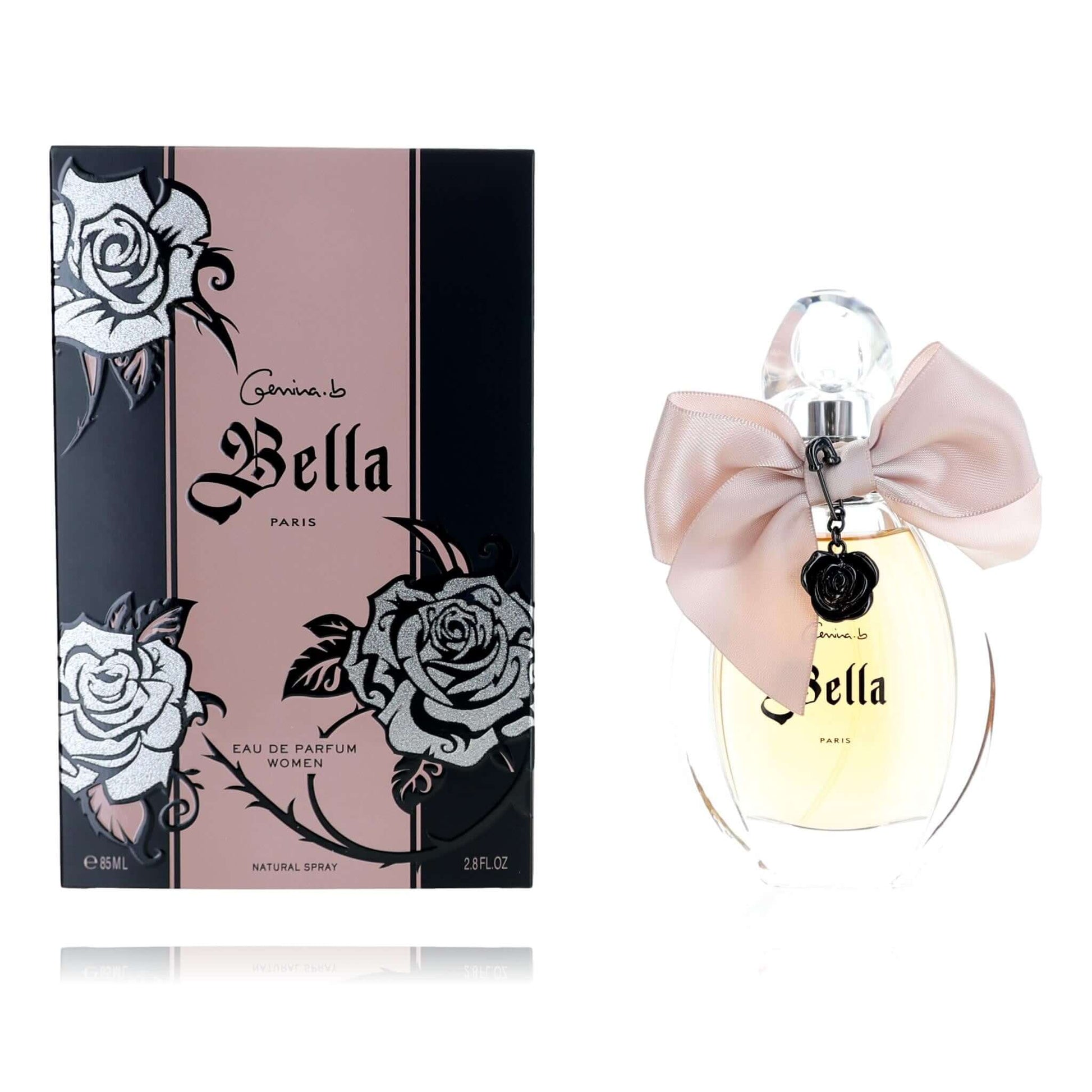 Women's Bella EDP spray bottle with clear cap and pale pink bow, shown with box
