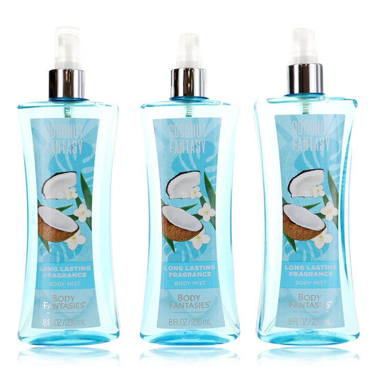 Body spray bottle, light blue Coconut Fantasy label, 8 fl oz, with spray top