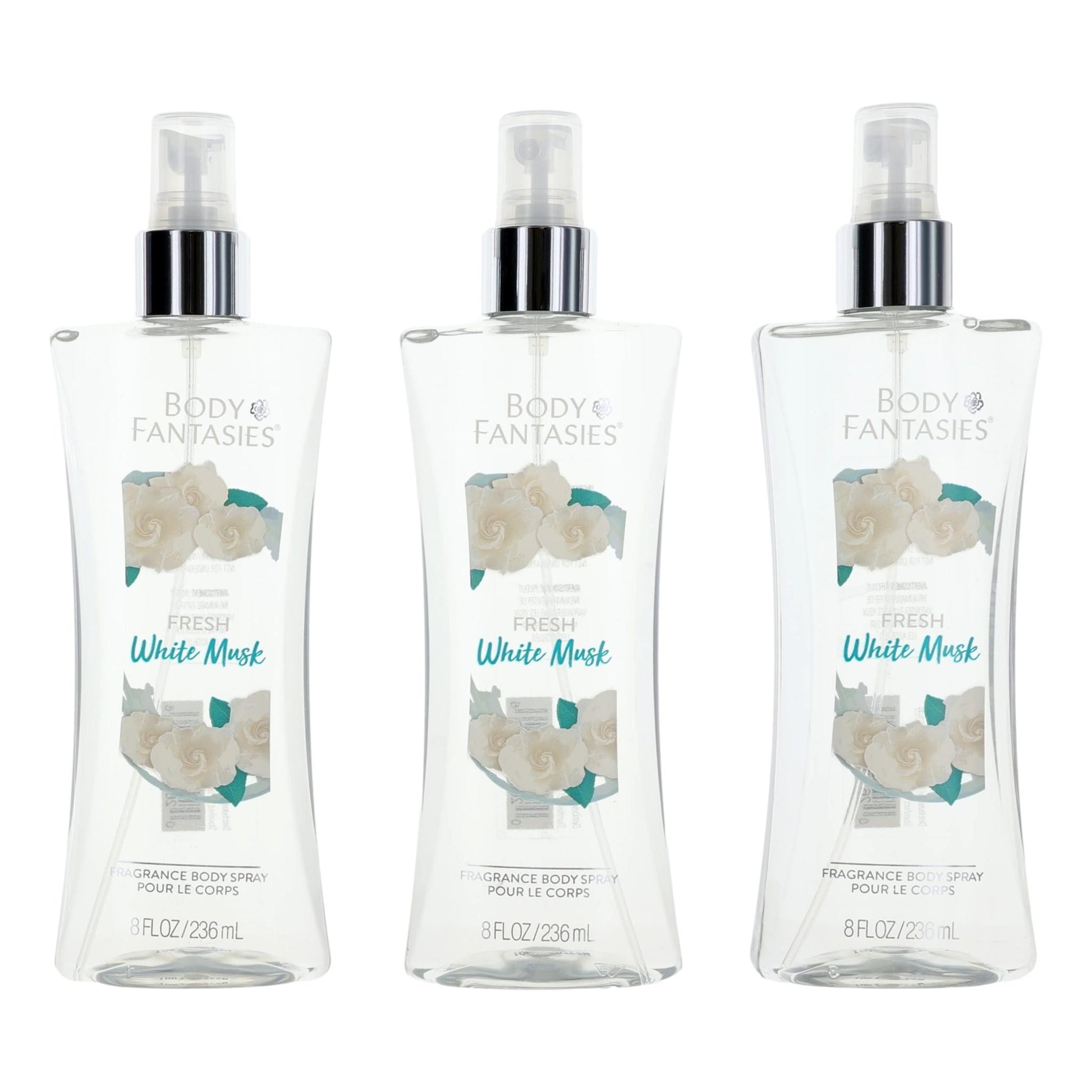 3-pack Fresh White Musk fragrance body spray bottles, Body Fantasies, 8 oz each