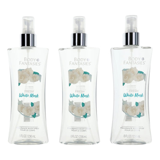 3-pack Fresh White Musk fragrance body spray bottles, Body Fantasies, 8 oz each