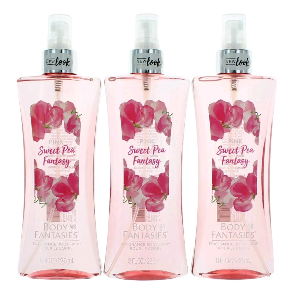 3-pack pink body spray bottles labeled Sweet Pea Fantasy