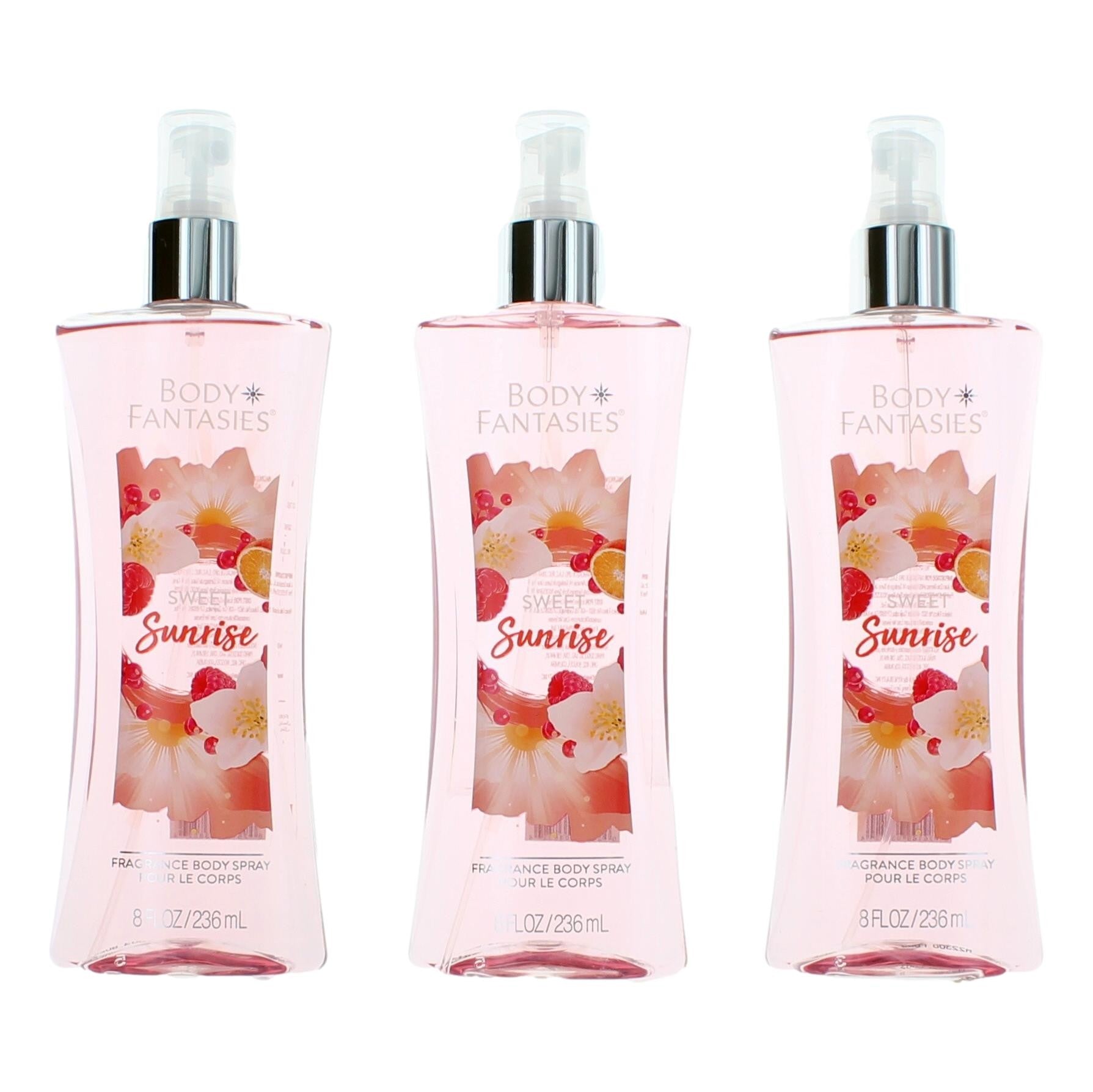 Pink Body Fantasies Sunrise fragrance body spray bottles, pump tops, 8 fl oz each