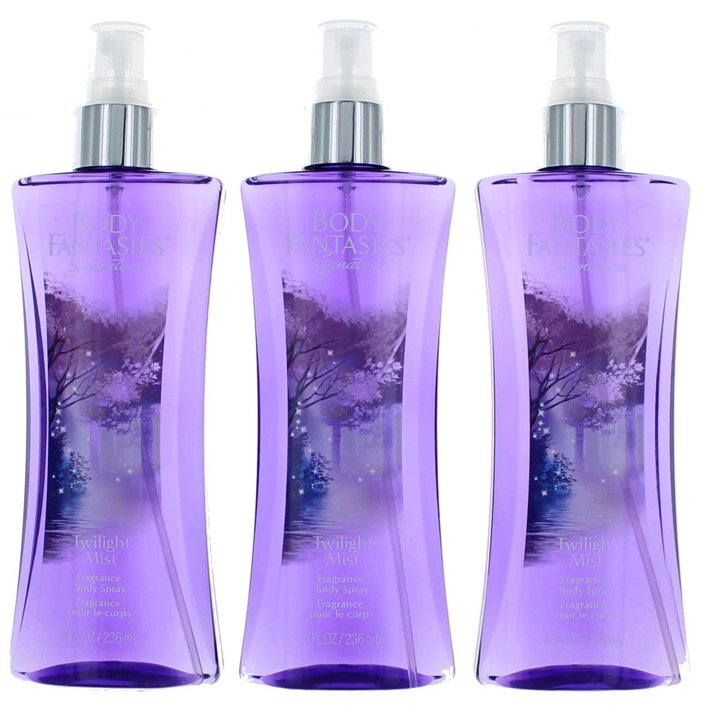 Fragrance body spray set of 3 purple bottles with spray pumps