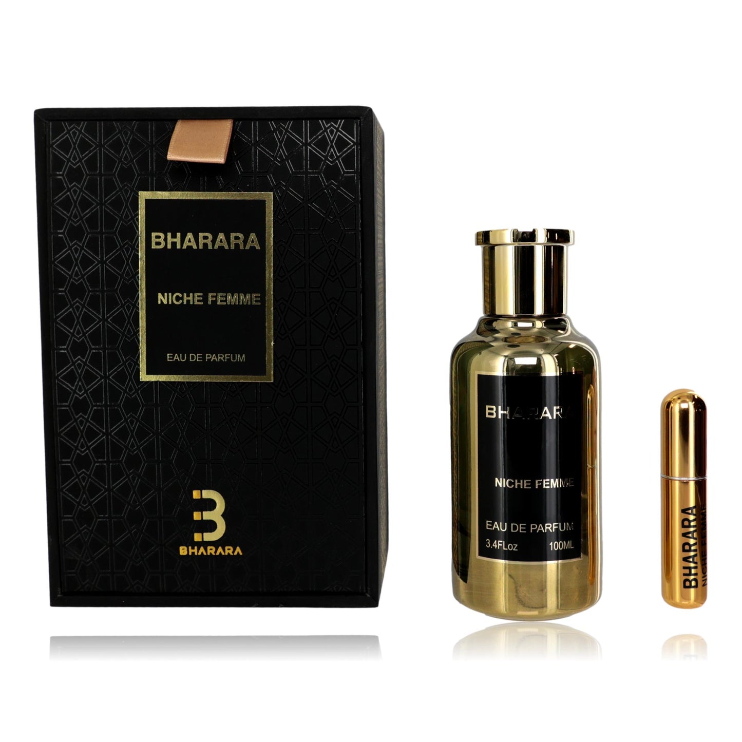 Women’s Eau de Parfum spray set: Bharara Niche Femme bottle, travel bottle, and box