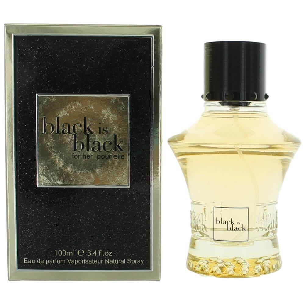 Black is Black for Her perfume EDP spray, clear glass bottle with black cap and matching box