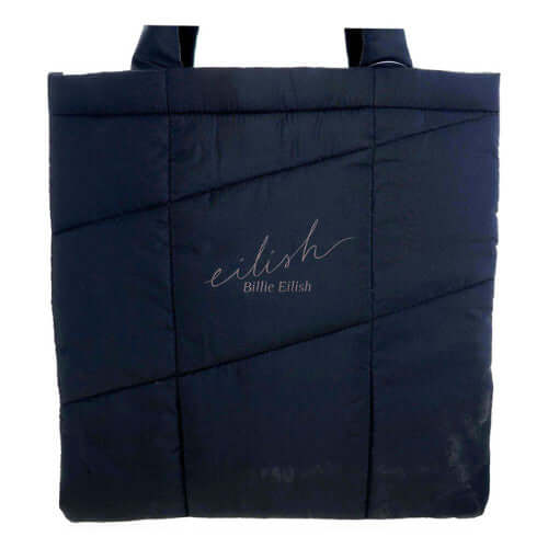 Quilted tote bag with handles, dark navy, Billie Eilish logo patch on front
