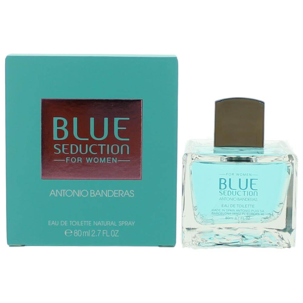 Women's eau de toilette spray set with clear bottle and turquoise box, Antonio Banderas