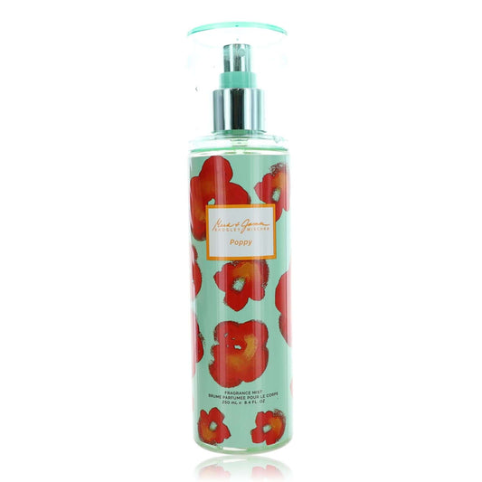 Badgley Mischka Poppy body spray bottle with teal pump and red floral print