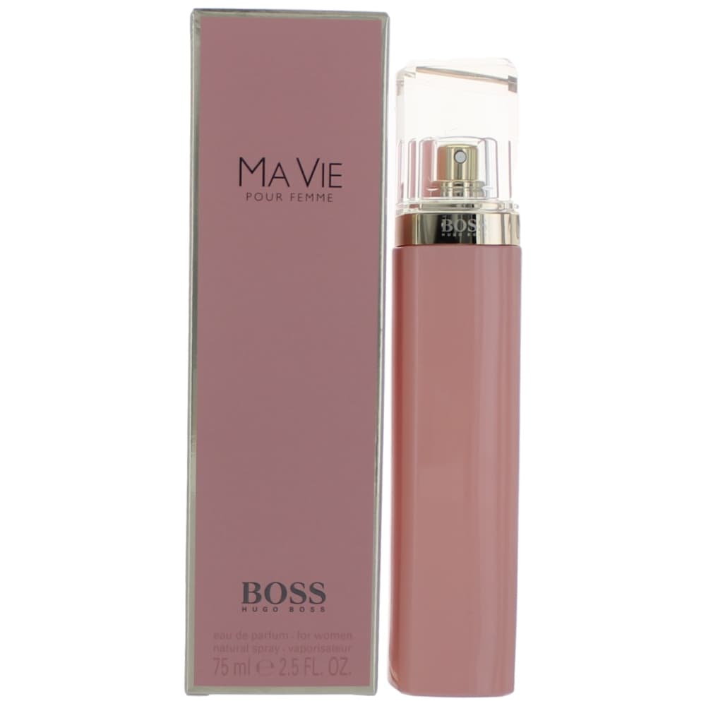 Hugo Boss Ma Vie perfume spray bottle with cap, mauve-pink glass, in box