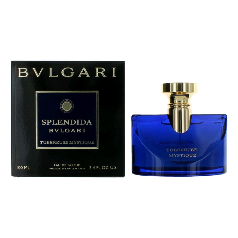 Bvlgari Splendida Tuberuese Mystique EDP spray bottle with gold cap; blue glass bottle