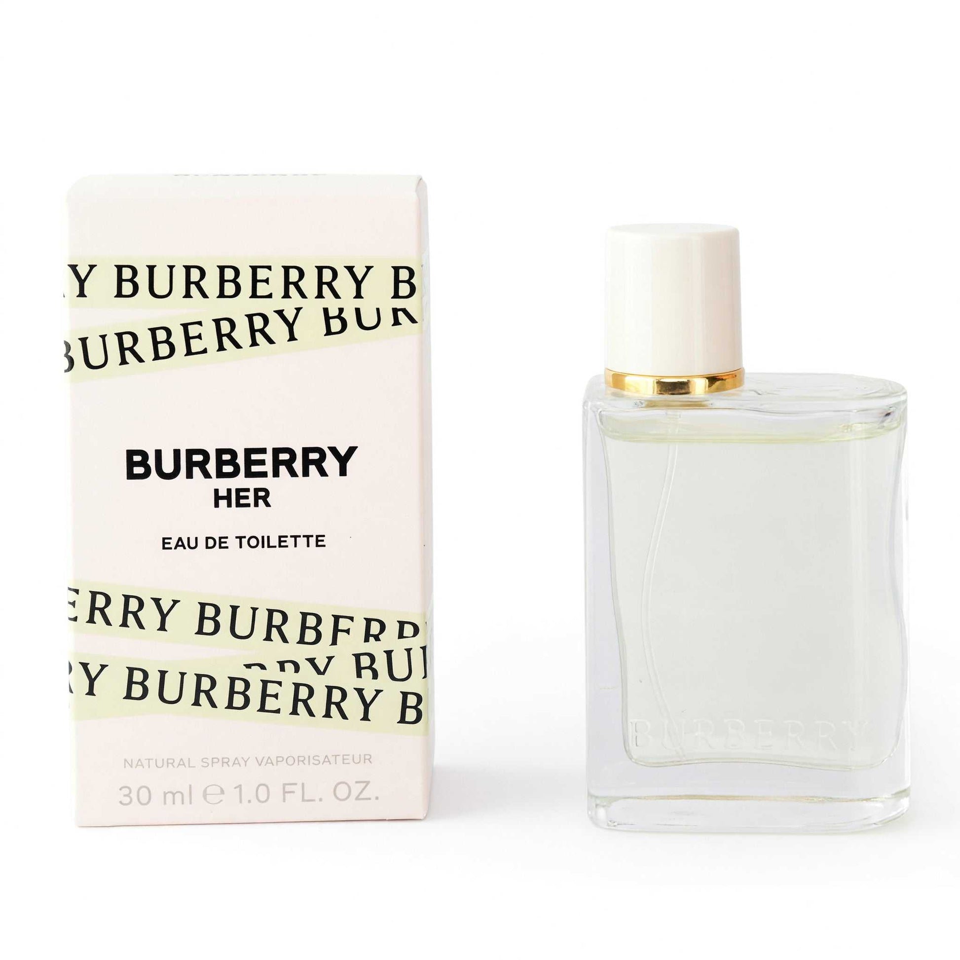 Burberry Her EDT spray bottle with gold cap, shown with product box, 1.0 fl oz