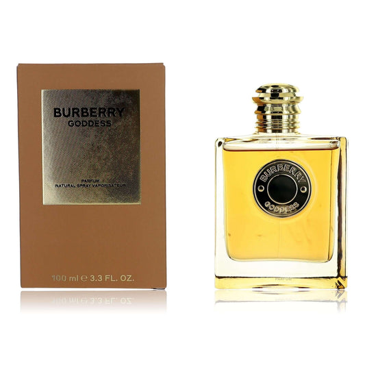 Parfum spray bottle with gold cap and yellow juice, shown with brown brand box
