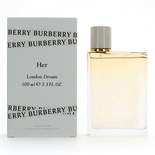 Women’s eau de parfum spray bottle with gold cap and matching box