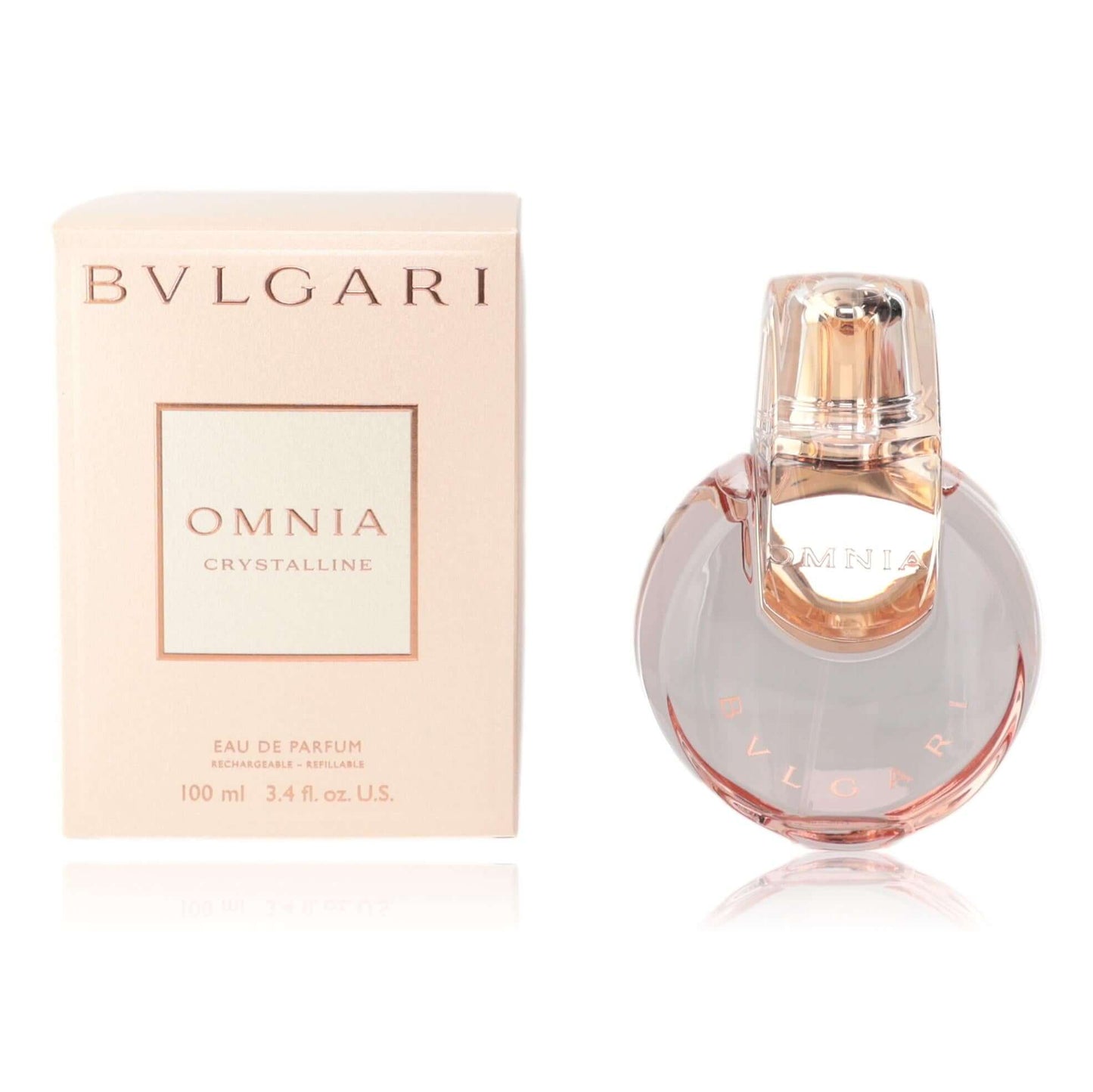 Omnia Crystalline perfume set: glass bottle with pink liquid and cream box