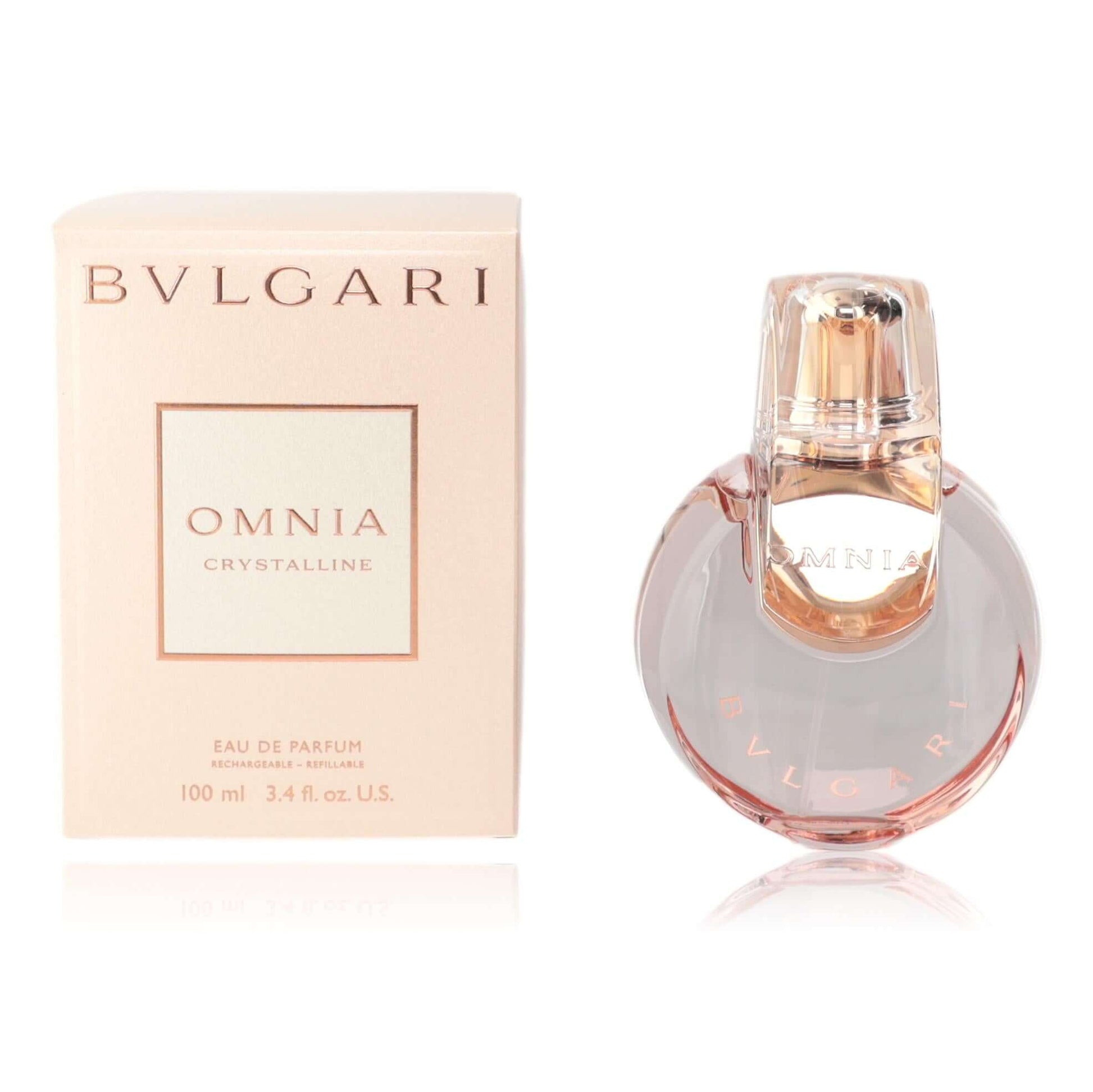 Omnia Crystalline perfume set: glass bottle with pink liquid and cream box