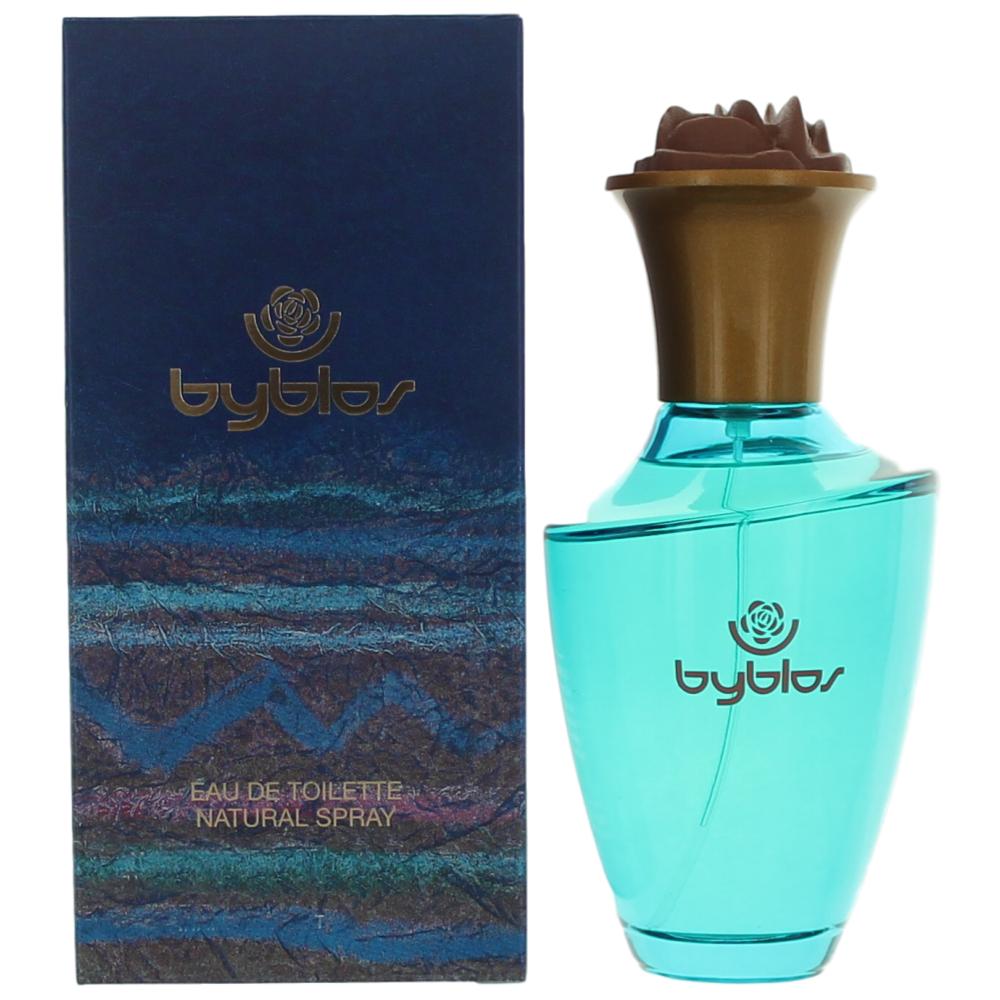 Women's EDT spray bottle with teal glass and byblos logo, plus matching box