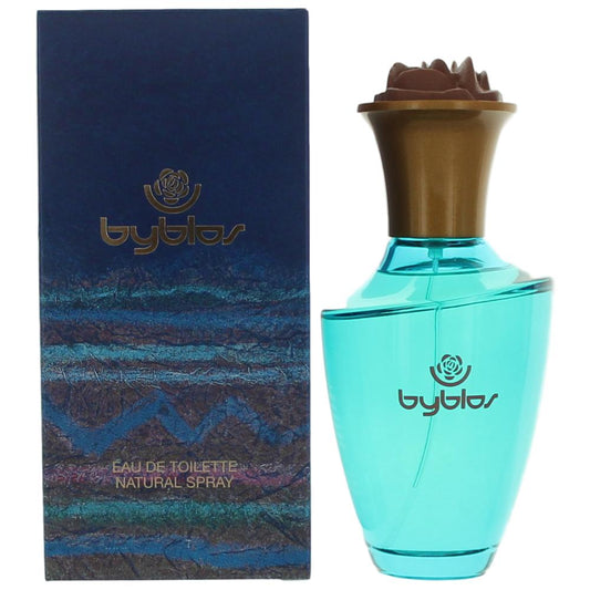 Women's EDT spray bottle with teal glass and byblos logo, plus matching box