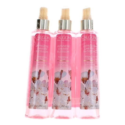 Three-pack Japanese Cherry Blossom fragrance mist bottles with pink bottles and silver caps